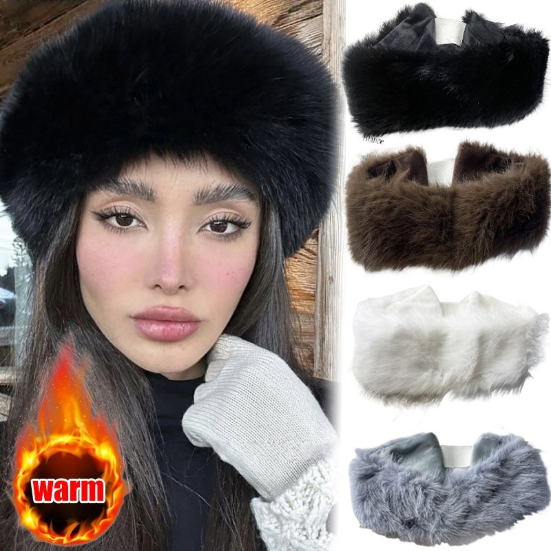 Fleece Ear Warmer Band - Szeroka opaska futrzana na głowę, zimowa,