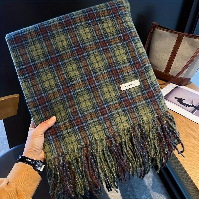 Cashmere Pashmina Wrap - Vintage zielony szalik w kratę z