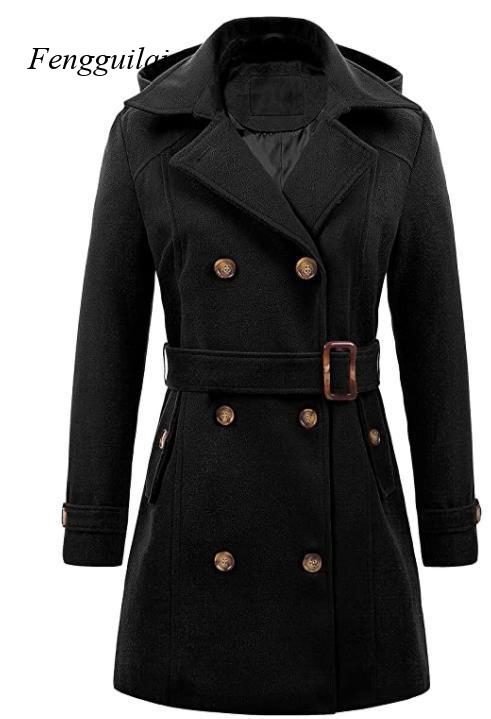Wool Coat Peacoat - Damski czarny płaszcz z kapturem, dwurzędowy,