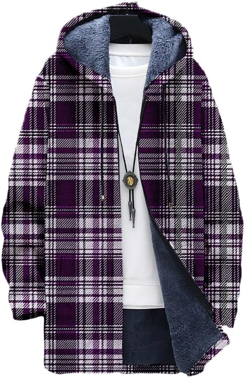 Sherpa Hoodie Fleece - Męski kardigan w kratę, oversize, rozpinany